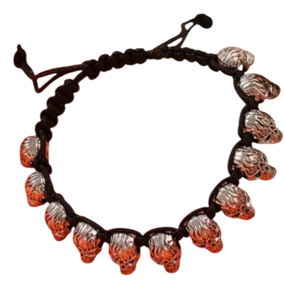 Silvertone Skull Bracelet Black Cord